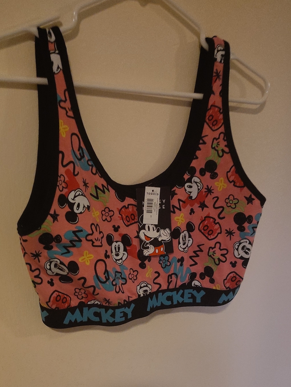 Disney Pink Mickey Graphic Crop Sports Bra with Black Trim